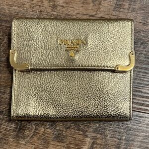 Prada Gold Metallic Leather Fold Wallet with Corner Hardware